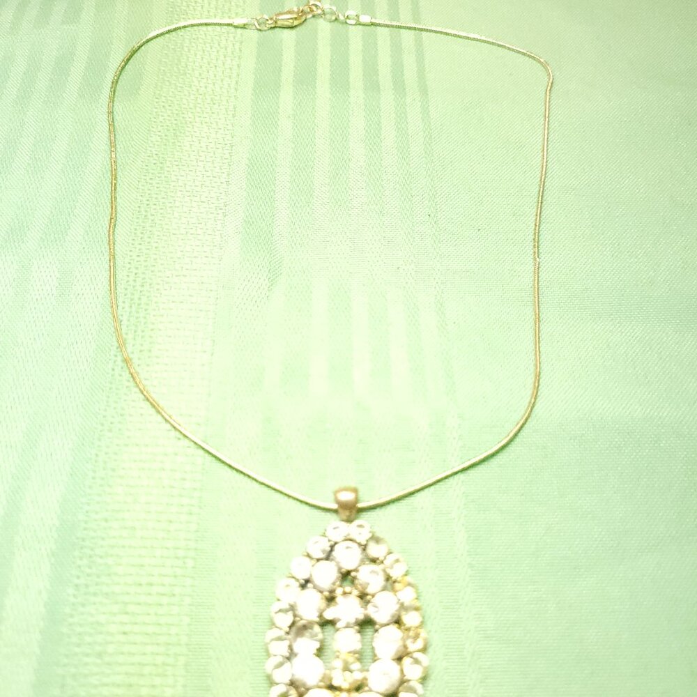 1990s Style Silver Tone Snake Chain Necklace 30" Extender Oval Rhinestone Cluste